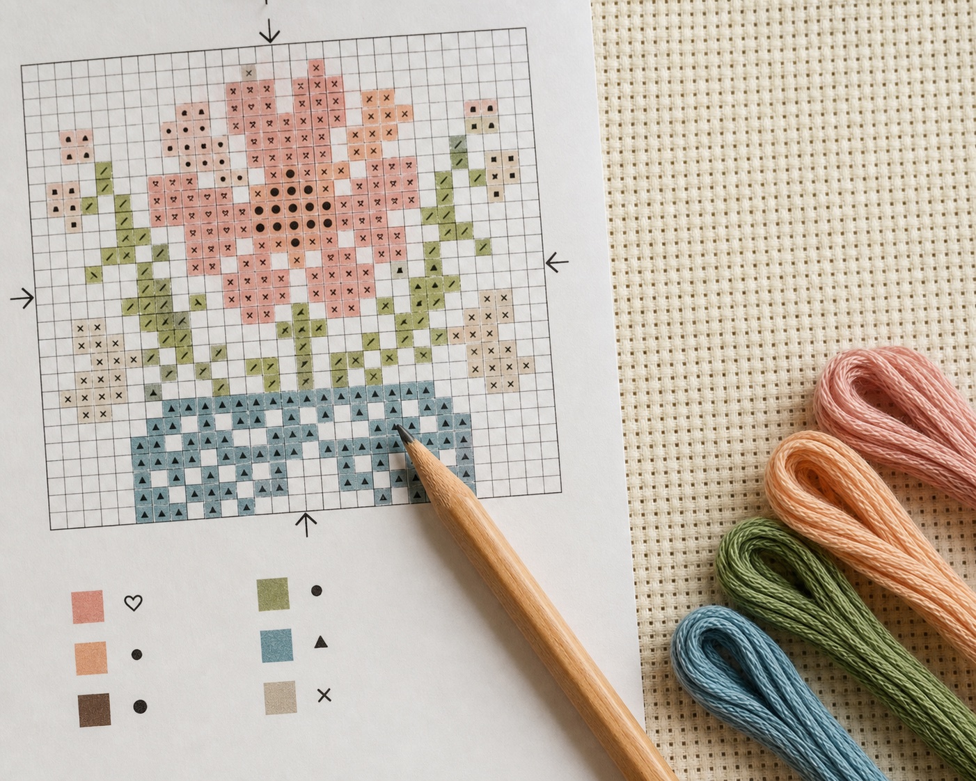 A beginner cross-stitch chart beside Aida fabric and floss