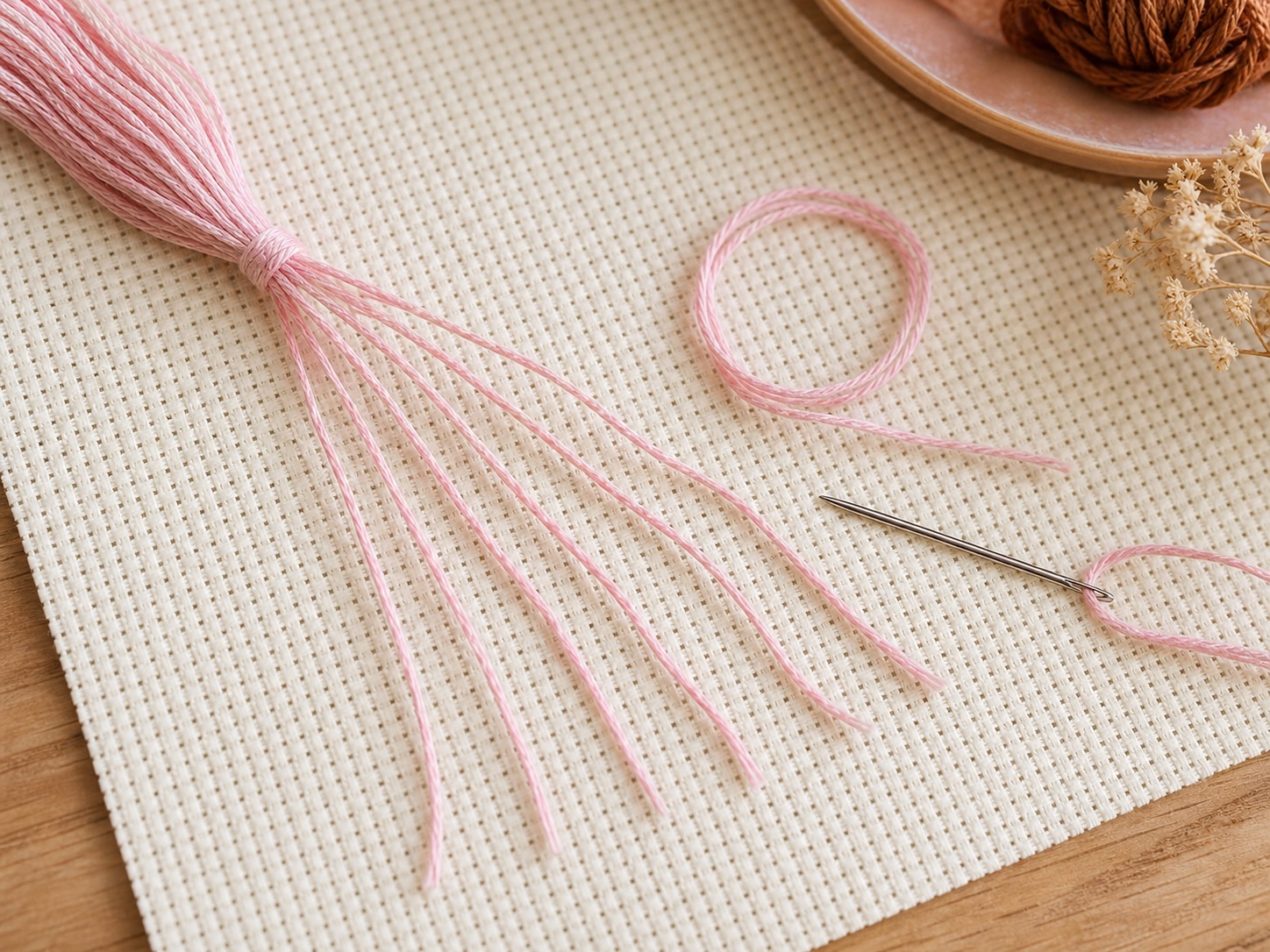 Embroidery floss strands separated beside a tapestry needle