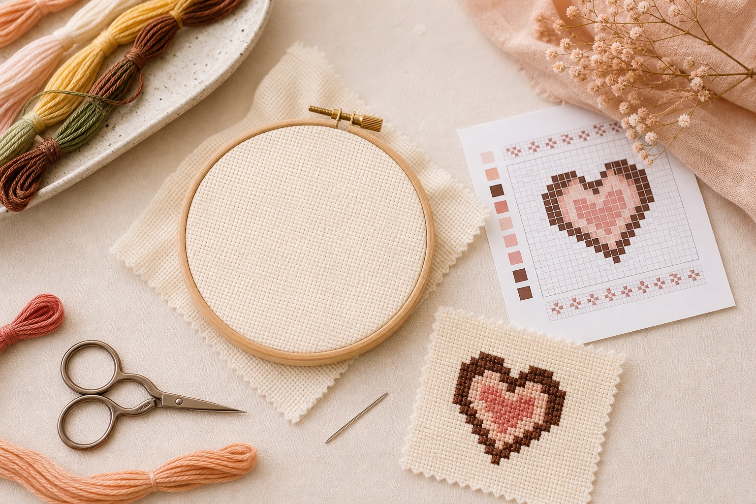 Beginner cross-stitch supplies with Aida fabric, floss, hoop, and chart