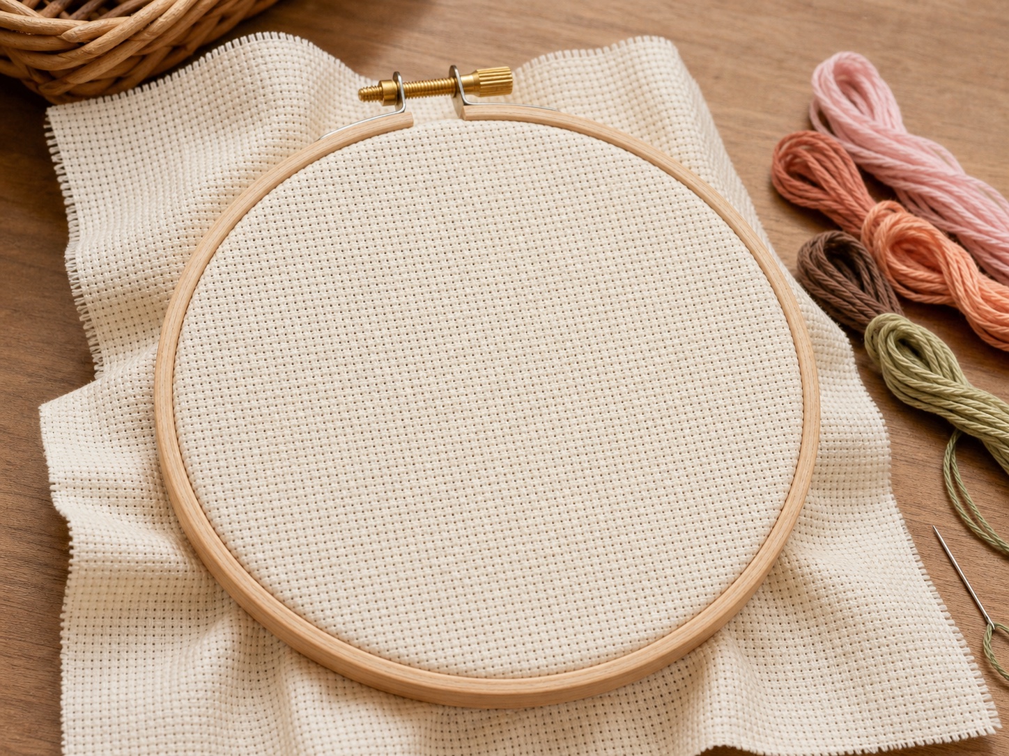 Aida fabric held taut in a wooden embroidery hoop