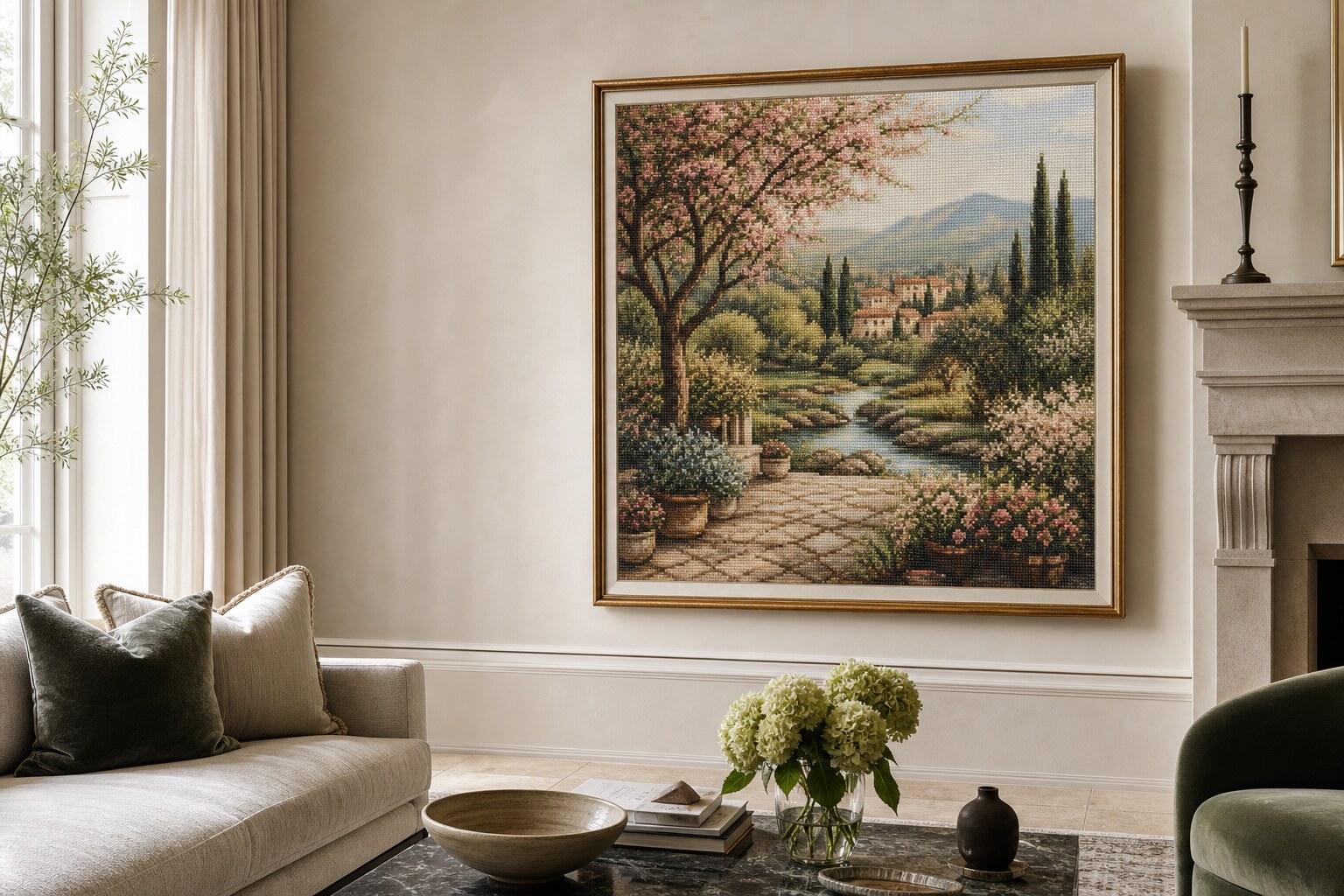Large framed custom cross-stitch artwork in an elegant home