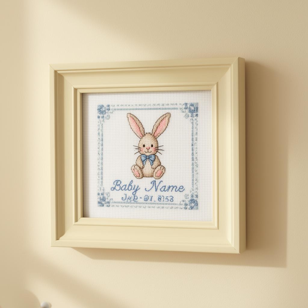 Framed baby keepsake hung on nursery wall