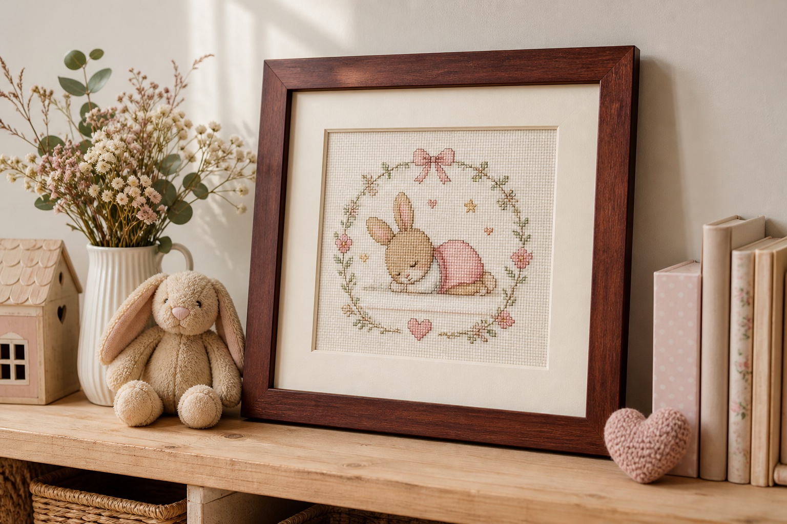 Framed cross-stitch baby keepsake in a mahogany frame